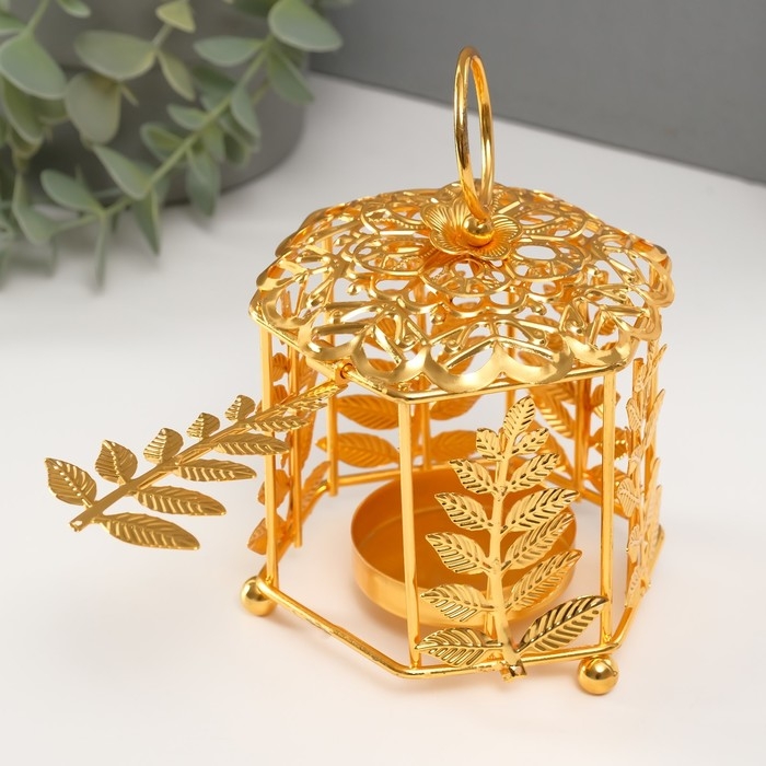 Подсвечник металл на 1 свечу  Подсвечник металл на 1 свечу "Фонарик. Цветок и веточки" золото d=5,5 см 9,8х10,5х14 см