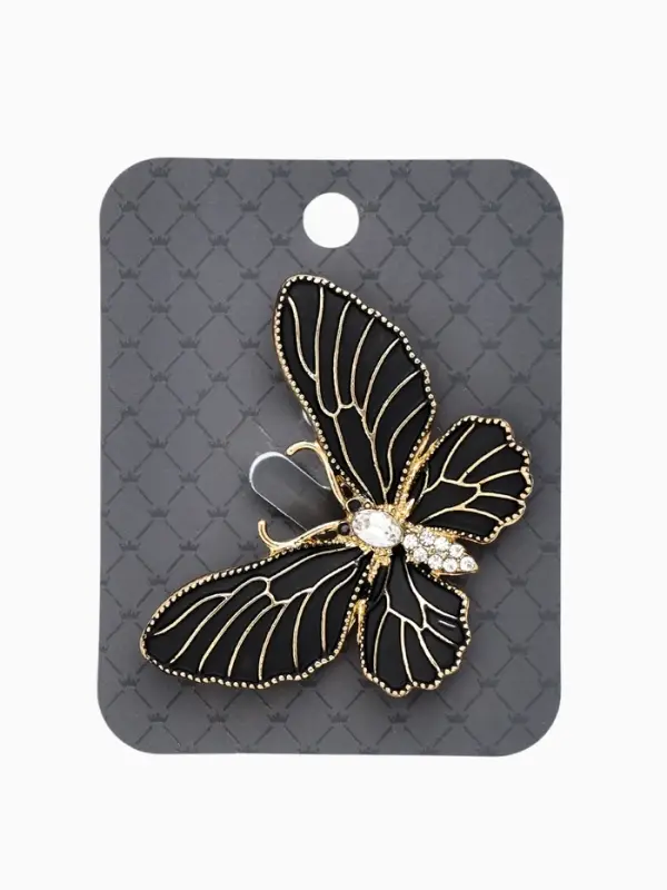 Брошь "Бабочка" матовая, в жилки, цвет чёрный в золоте