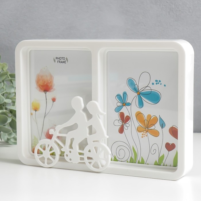 Фоторамка пластик 10х15 см на 2 фото  Фоторамка пластик 10х15 см на 2 фото "Пара на велосипеде" белая 3х23х6,5 см