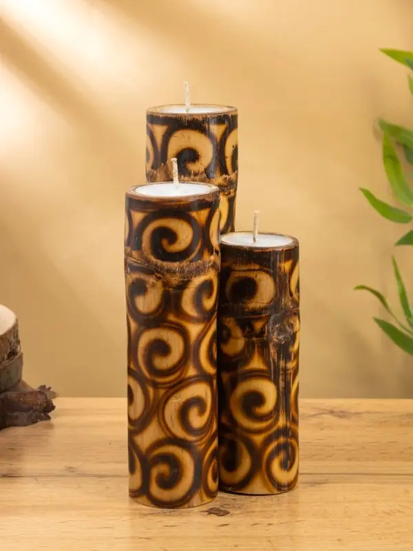 Свеча в бамбуке тройная, 14×13×30 см, 100 мл, коричневая