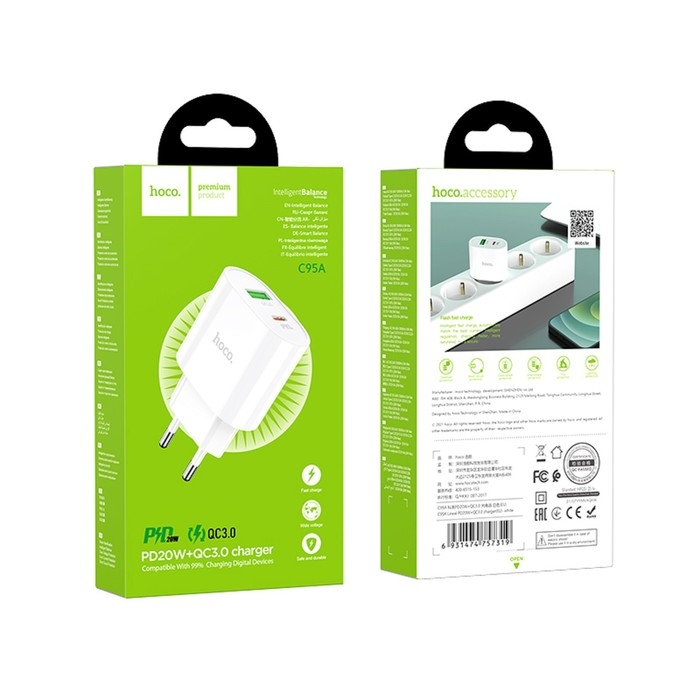 Сетевое зарядное устройство Hoco C95A, Type-C - PD 20 Вт 3 А, USB QC3.0 - 18 Вт 3 А, белый Сетевое зарядное устройство Hoco C95A, Type-C - PD 20 Вт 3 А, USB QC3.0 - 18 Вт 3 А, белый