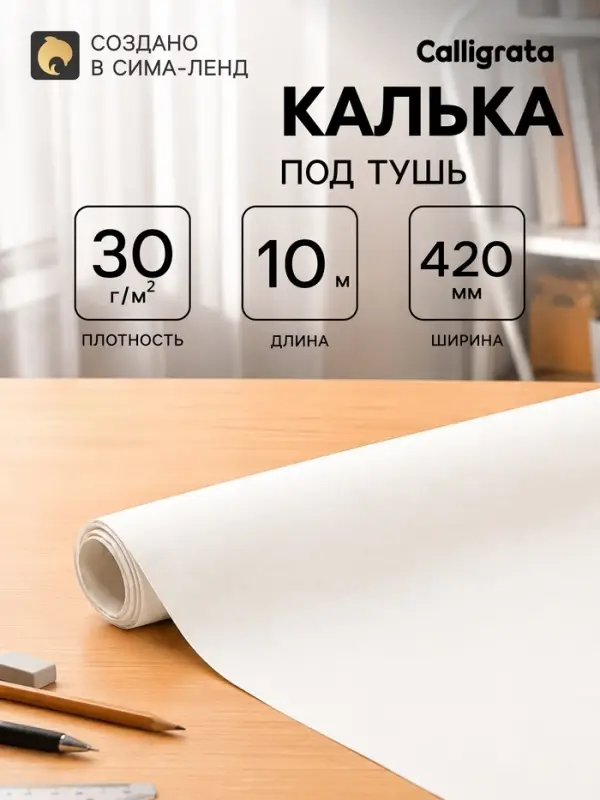 Калька чертёжная под тушь, ширина 420 мм, в рулоне 10 метров, 30 г/м&sup2;