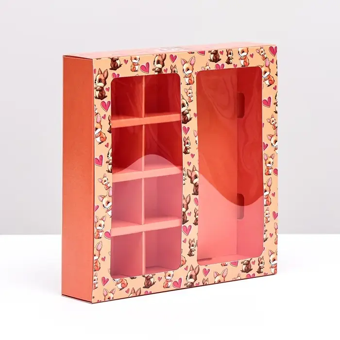 Коробка под 8 конфет + шоколад, с окном, «Лисички» 17.7×17.85×3.85 см Коробка под 8 конфет + шоколад, с окном, «Лисички» 17.7×17.85×3.85 см