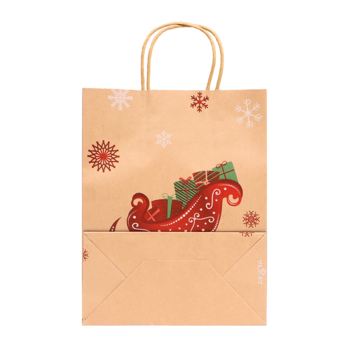 Новый год. Пакет бумажный подарочный новогодний крафт с тиснением Новый год. Пакет бумажный подарочный новогодний крафт с тиснением "Сани с подарками", 27 х 21 х 11 см.