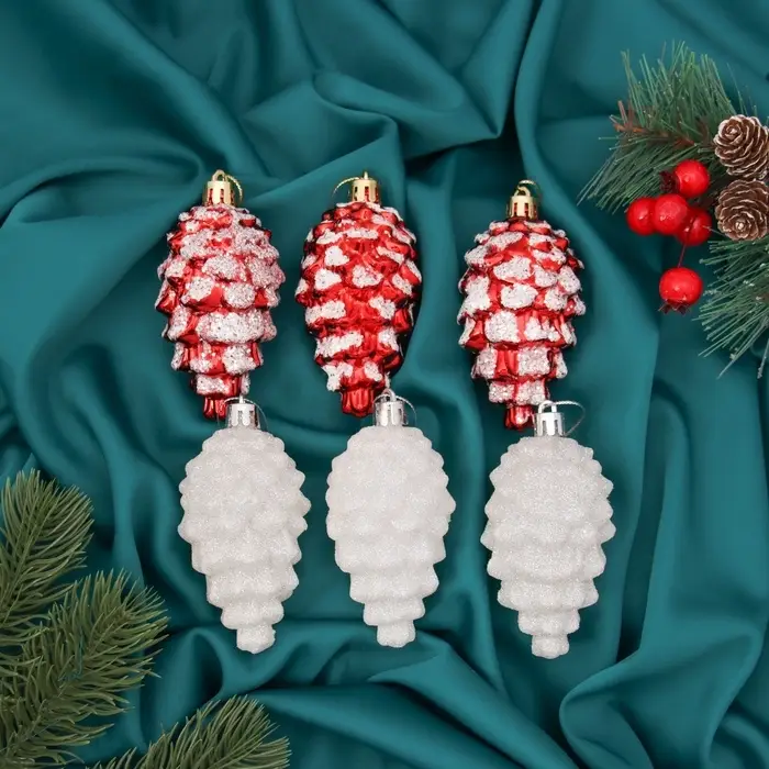 Ёлочные игрушки 6 шт. &laquo;Шишки ассорти&raquo; 9.5&times;4.5 см, красный белый