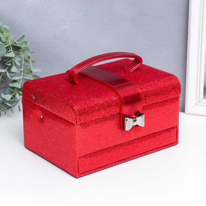 Шкатулка кожзам для украшений сундук с бантом  Шкатулка кожзам для украшений сундук с бантом "Мелкие квадратики. Красный" 13,5х16,5х23 см