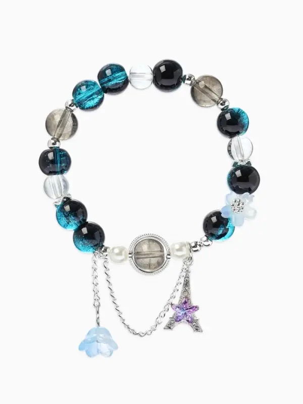 Браслет с подвесками &laquo;Сахарный. Башня с цветами&raquo;, d=6 см, шар №10/8, чёрный, синий в серебре