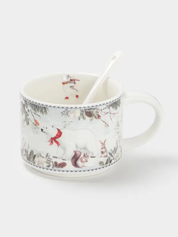 Кружка новогодняя «Белый мишка», с ложкой, 280 мл, керамика, подарочная упаковка, белая