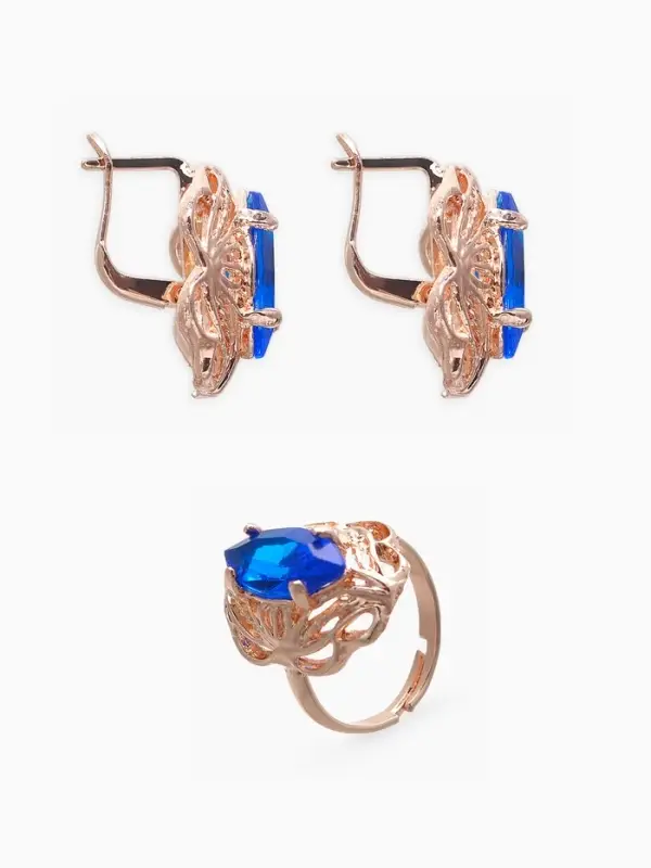 Гарнитур 3 предмета: серьги, кулон, кольцо безразмерное &laquo;Эдель&raquo;, ажурный овал, син в золоте, 45 см