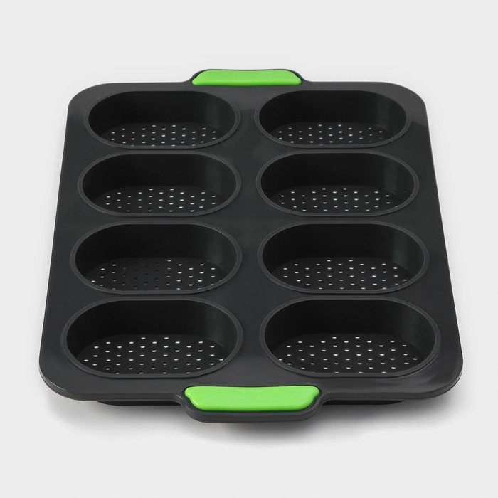 Форма для выпечки с перфорацией «Булочки», силикон, 34,5×23×2,5 см , 8 ячеек (9,5×6,3×2,4 см), чёрная Форма для выпечки с перфорацией «Булочки», силикон, 34,5×23×2,5 см , 8 ячеек (9,5×6,3×2,4 см), чёрная