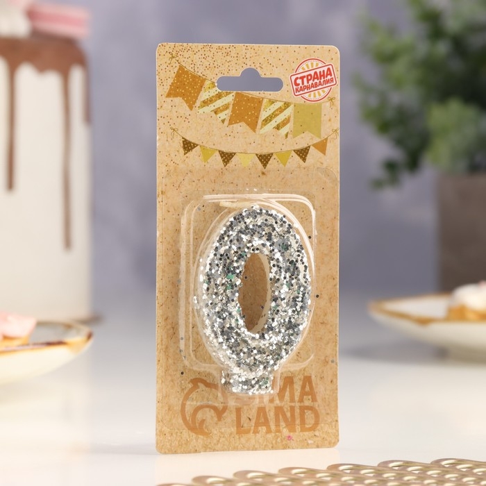 Свеча в торт «Блестки», цифра  Свеча в торт «Блестки», цифра "0", серебро, 6.5х4