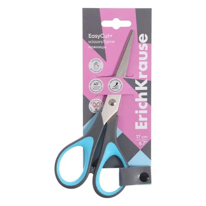 Ножницы ErichKrause EasyCut+, 17 см, для левшей, антискользящие резиновые вставки, европодвес,МИКС