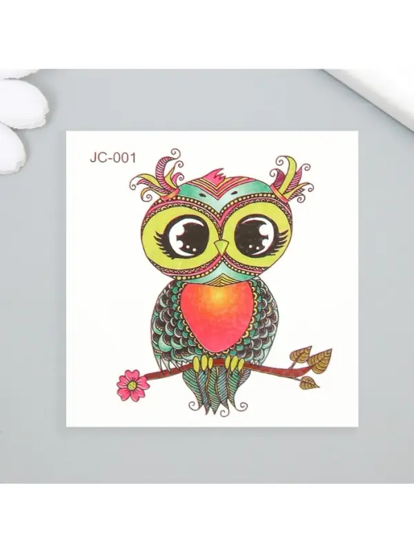 Переводная тату на тело цветная «Совушка на ветке с цветком», 6×6 см