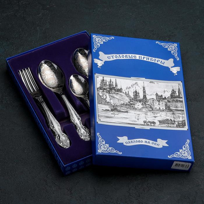 Набор столовых приборов «Тройка», 18 предметов, художественная роспись, картонная коробка Набор столовых приборов «Тройка», 18 предметов, художественная роспись, картонная коробка