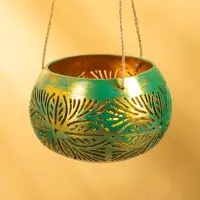 Подсвечник подвесной из кокоса, 14×14×10 см, голубой с золотым