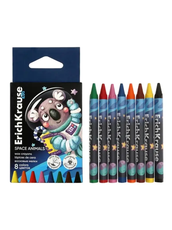 Восковые мелки 8 цветов, ErichKrause Kids Space Animals, трёхгранные