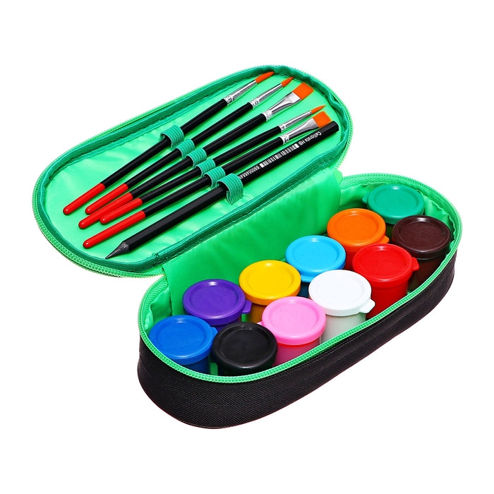 Пенал мягкий, 1 отделение, 95 х 205 х 45 мм, футляр, с наполнением 17 предметов, гуашь 11 цветов, Calligrata, Black Пенал мягкий, 1 отделение, 95 х 205 х 45 мм, футляр, с наполнением 17 предметов, гуашь 11 цветов, Calligrata, Black