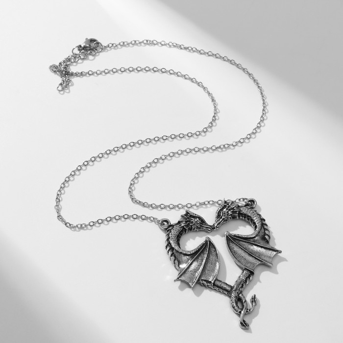 Кулон «Сердце» с дракончиками, цвет чернёное серебро, 45 см