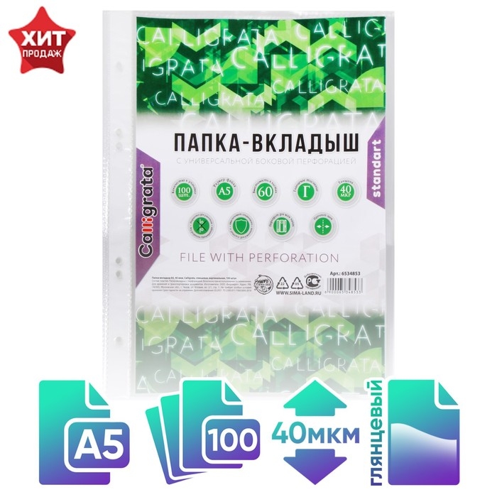 Файл-вкладыш А5, 40 мкм, Calligrata, глянцевый, вертикальный, 100 штук Файл-вкладыш А5, 40 мкм, Calligrata, глянцевый, вертикальный, 100 штук