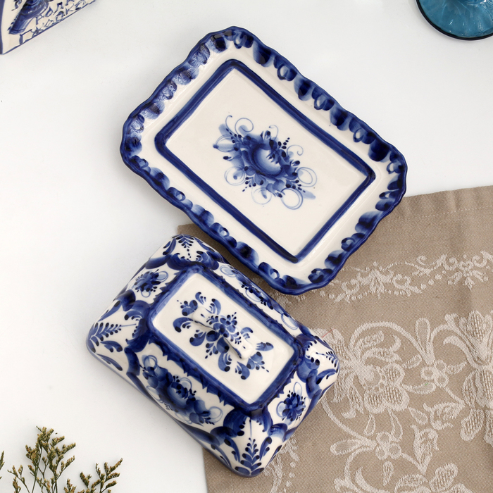 Масленка прямоугольная, гжель, фарфор, 12х18 см Масленка прямоугольная, гжель, фарфор, 12х18 см