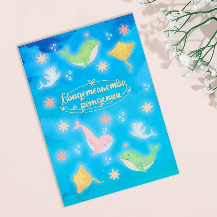 Свидетельство о рождении Свидетельство о рождении "Дельфины" тиснение, А5