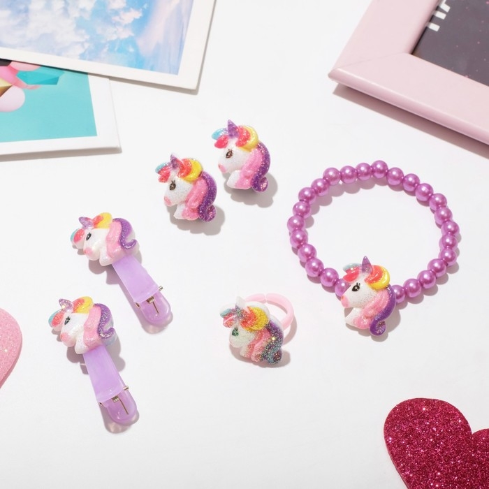 Набор детский Набор детский "Выбражулька" 5 предметов: 2 заколки, браслет, клипсы, кольцо, единорог, цветной