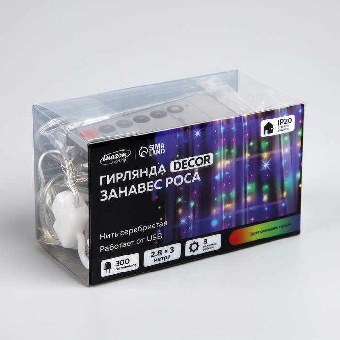 Гирлянда «Занавес» 2.8 × 3 м роса на крючках, с пультом, IP20, серебристая нить, 300 LED, свечение мульти, 8 режимов, USB Гирлянда «Занавес» 2.8 × 3 м роса на крючках, с пультом, IP20, серебристая нить, 300 LED, свечение мульти, 8 режимов, USB