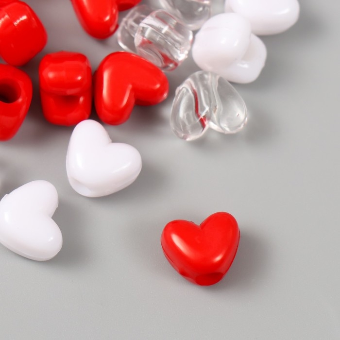 Бусины пластик "Сердце. Красный, белый, прозрачный" набор 20 гр 1,2х0,9х0,8 см