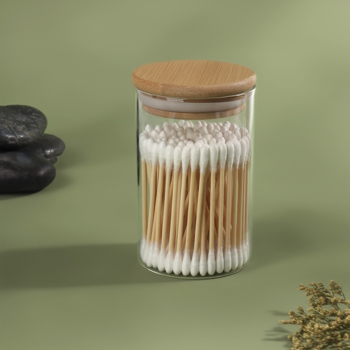 Органайзер для хранения ватных палочек «BAMBOO», с крышкой, d 6,5 × 10 см, в картонной коробке, цвет прозрачный/коричневый Органайзер для хранения ватных палочек «BAMBOO», с крышкой, d 6,5 × 10 см, в картонной коробке, цвет прозрачный/коричневый