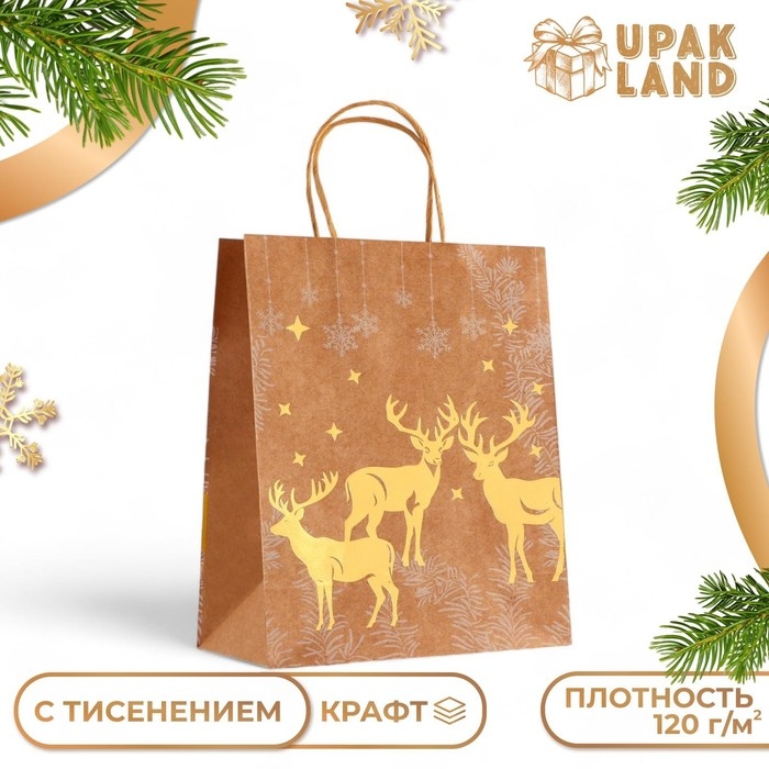 Пакет крафт с золотым тиснением, круглая ручка, Пакет крафт с золотым тиснением, круглая ручка, "Новый год" 33 х 25 х 12 см, 120 г