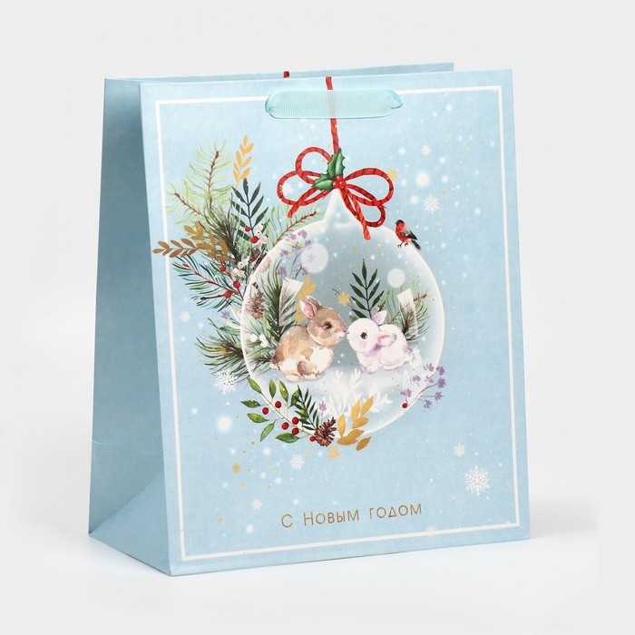 Пакет подарочный новогодний ламинированный &laquo;Два зайчика&raquo;, ML 23 х 27 х 11,5 см, Новый год