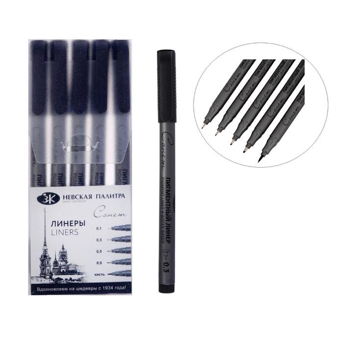 Набор ручек капиллярных ЗХК  Набор ручек капиллярных ЗХК "Сонет", разные типы, 5 штук (0.1/.03./0.5/0.8/кисть), чёрный