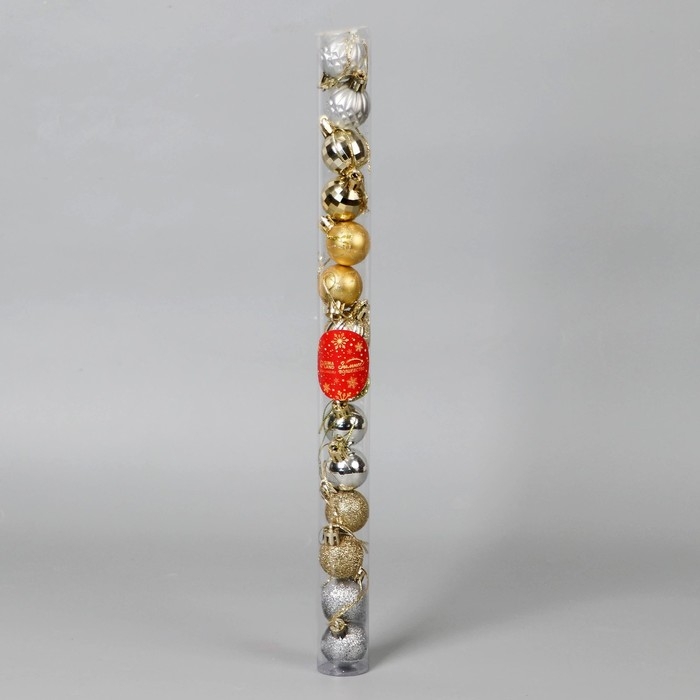 Набор шаров пластик d-3см, 14 шт "Агнет" полосы узор, золото серебро