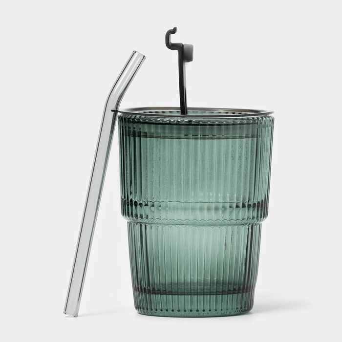 Стакан стеклянный с крышкой и трубочкой «Вино Верде», 350 мл, цвет зелёный Стакан стеклянный с крышкой и трубочкой «Вино Верде», 350 мл, цвет зелёный