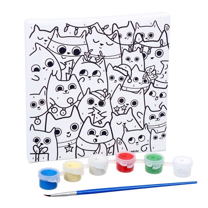 Картина по номерам на новый год на холсте с подрамником «Новогодние котики», 15 х 15 см Картина по номерам на новый год на холсте с подрамником «Новогодние котики», 15 х 15 см