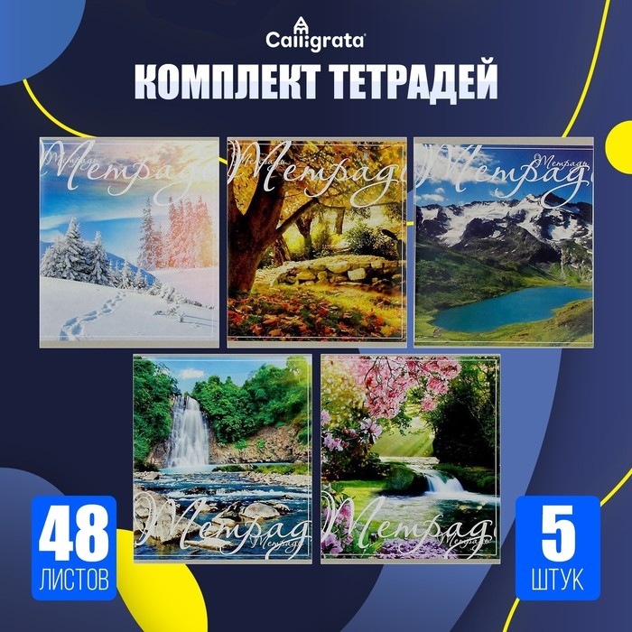Набор тетрадей 48 листов в клетку Calligrata &laquo;Пейзаж&raquo;, обложка мелованный картон, серые листы, 5 шт.