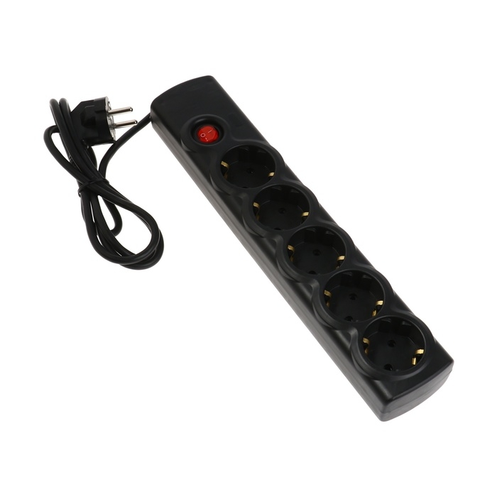 Сетевой фильтр Luazon Lighting, 5 розеток, 1.5 м, 3500 Вт, 3х1 мм2, 16 A, 220 В, c предохранителем, черный