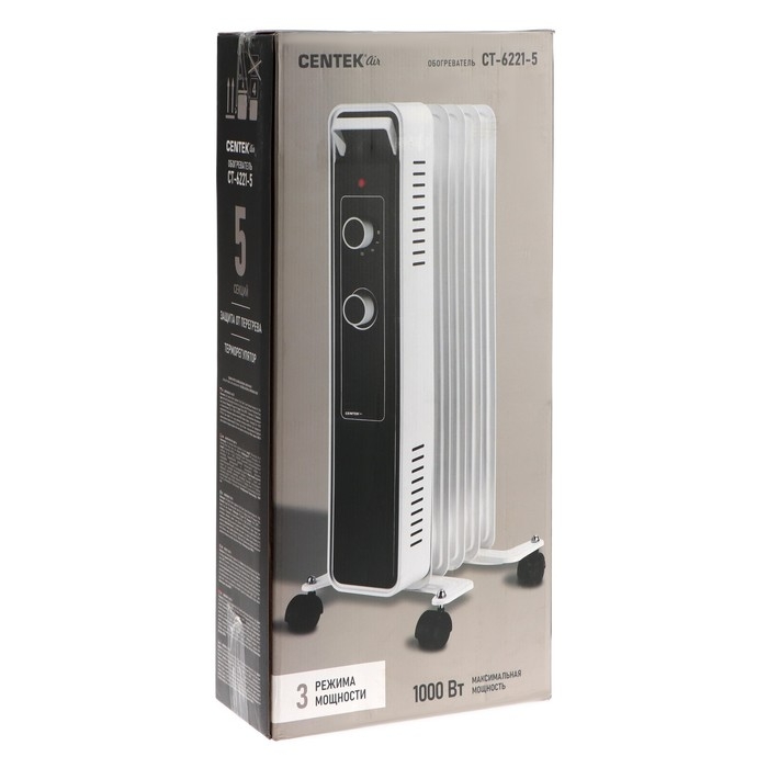 Обогреватель Centek CT-6221-5, масляный, напольный, 1000 Вт, 12.5 м², 5 секций, бело-чёрный Обогреватель Centek CT-6221-5, масляный, напольный, 1000 Вт, 12.5 м², 5 секций, бело-чёрный