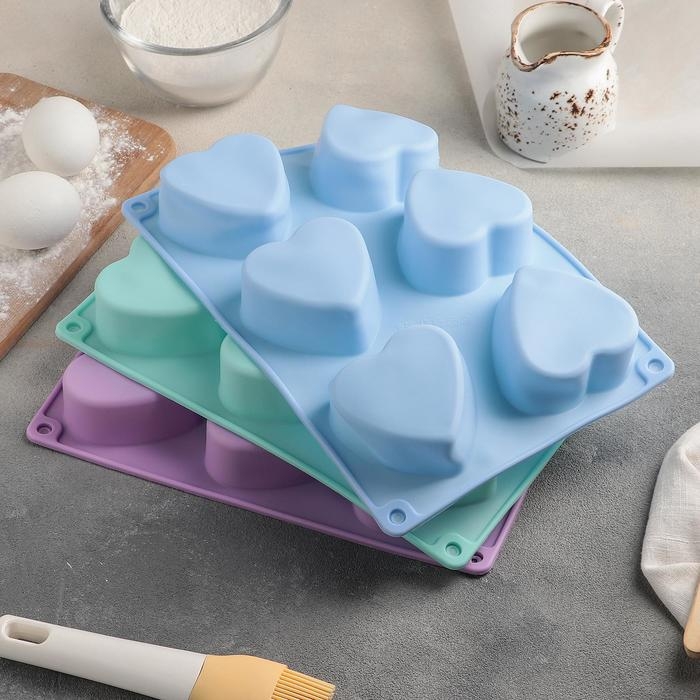 Форма для выпечки Доляна &laquo;Сердце&raquo;, силикон, 26,5&times;18 см, 6 ячеек, цвет МИКС