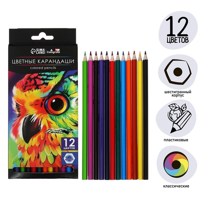 Карандаши 12 цветов Calligrata Soft, заточенные, шестигранные, пластиковые, картонная упаковка, европодвес Карандаши 12 цветов Calligrata Soft, заточенные, шестигранные, пластиковые, картонная упаковка, европодвес