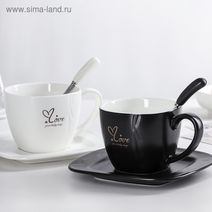 Чайная пара керамическая с ложкой Love, 2 предмета: чашка 380 мл, блюдце d=16 см, цвет МИКС Чайная пара керамическая с ложкой Love, 2 предмета: чашка 380 мл, блюдце d=16 см, цвет МИКС