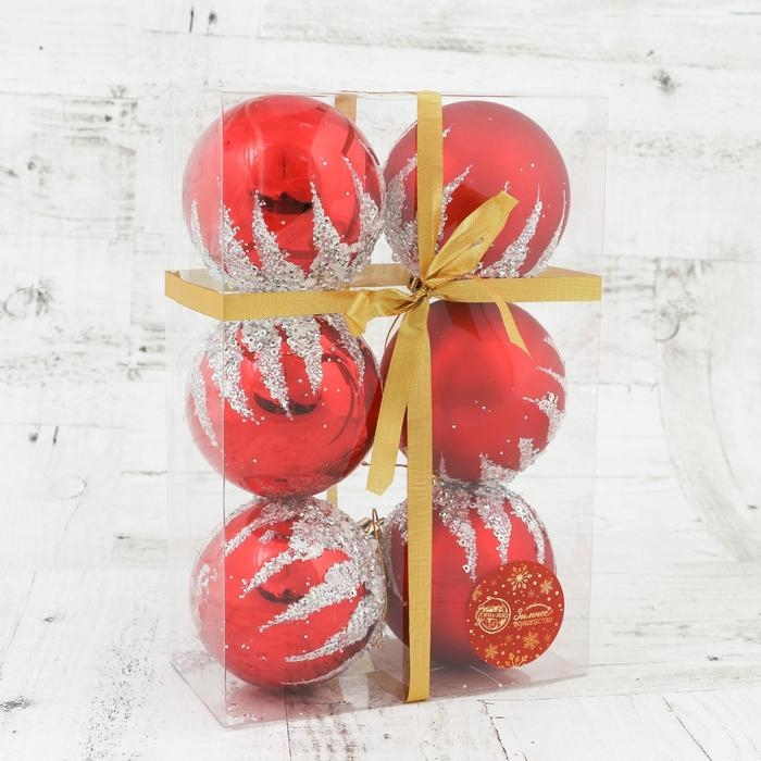 Набор шаров пластик d-8 см, 6 шт Набор шаров пластик d-8 см, 6 шт "Аделия" серебристо-красный