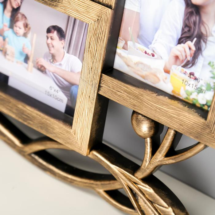 Фоторамка пластик на 4 фото 10х15 см  Фоторамка пластик на 4 фото 10х15 см "Птица на ветке" тёмное золото 28х47 см