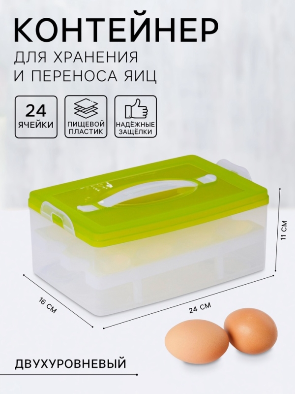 Контейнер для хранения яиц, 24 ячейки, двухуровневый, пластик, 24×16×11 см, зелёный