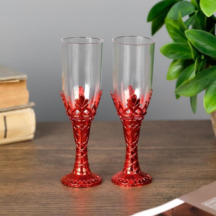 Подсвечник стекло, пластик Подсвечник стекло, пластик "Бокалы" красный набор 2 шт 10,5х3х3 см