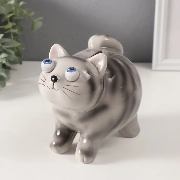 Копилка для денег &laquo;Котик-пучеглаз серый полосатый&raquo;, керамика, 11&times;15.2&times;13.4 см