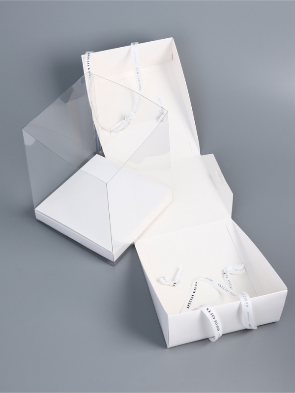 Коробка под бенто-торт с ленточками, белая , 21 х 21 х 25 см