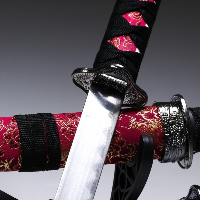 Сув. изделие катаны 3в1 на подставке, ножны ткань, драконы золото на бордо  47/70/89см