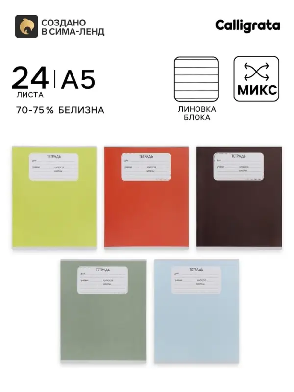 Тетрадь 24 листа в линейку Calligrata &laquo;Однотон&raquo;, серые листы, блок №2, 5 В МИКС