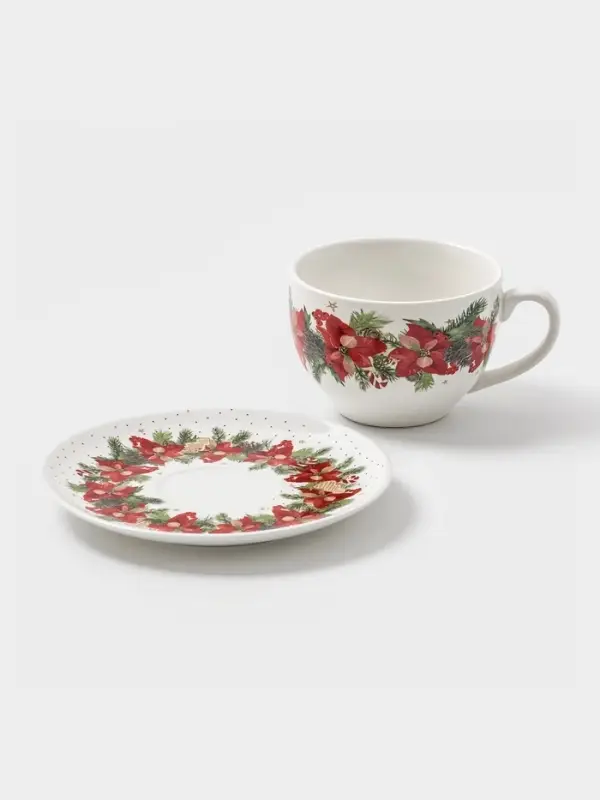 Чайная пара «Новогоднее настроение», 2 предмета: чашка 210 мл, блюдце d=15 см, фарфор, белая